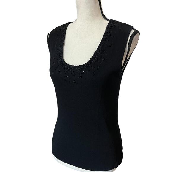 VTG 2000s Michelle Nicole Black Floral Beaded Form Fitting Ribbed Tank Top XL - Picture 4 of 7